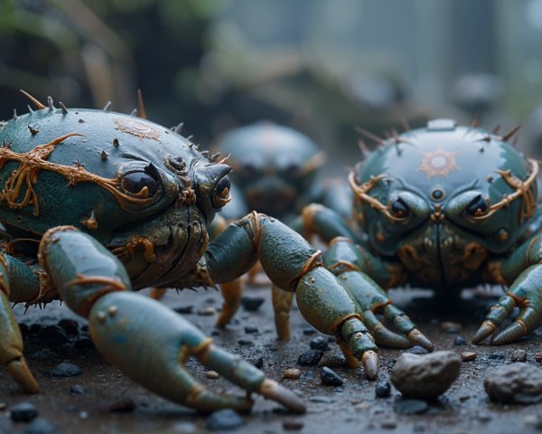 Intricately Designed Crabs with Blue Shells and Fog