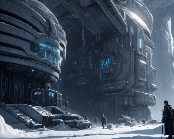 Futuristic Snow-Covered Landscape with Towering Structures