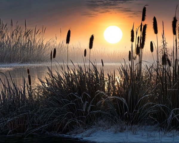 Sunrise Landscape with Cattails and Reflective Water