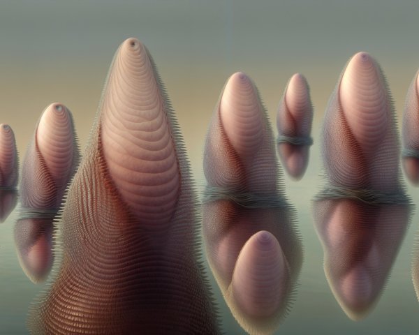 Surreal Landscape with Cone-Shaped Forms and Reflections