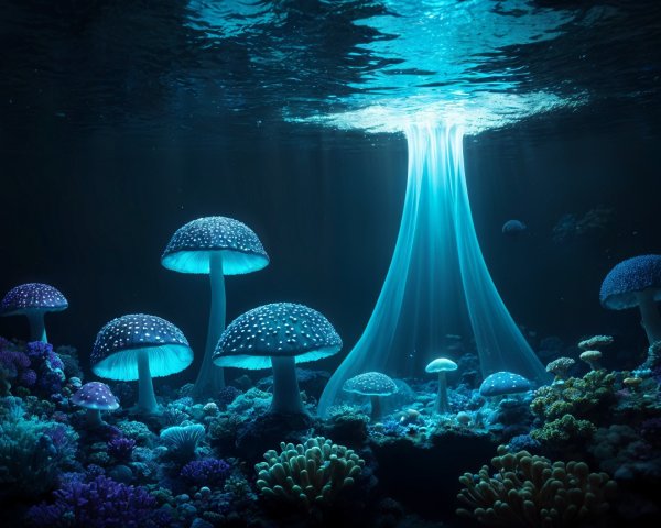 Underwater Scene with Luminescent Mushrooms and Coral