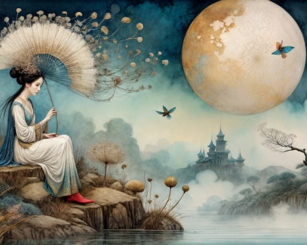 Serene Figure in Traditional Attire by Tranquil Water