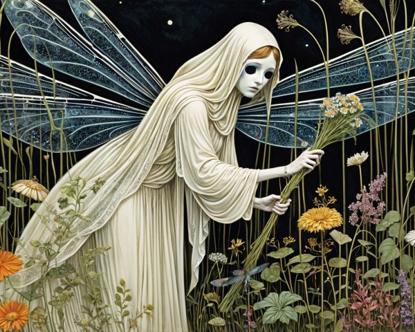 Mystical figure in white garment among vibrant garden