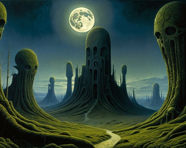 Surreal Landscape with Skull-like Structures at Twilight