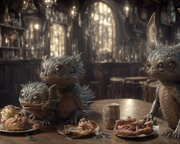 Cozy Tavern Scene with Whimsical Creatures Dining