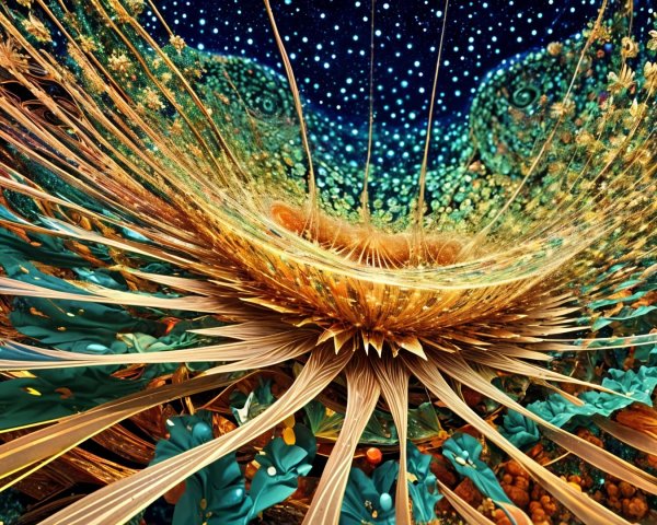 Abstract Scene with Golden Structures and Starry Background