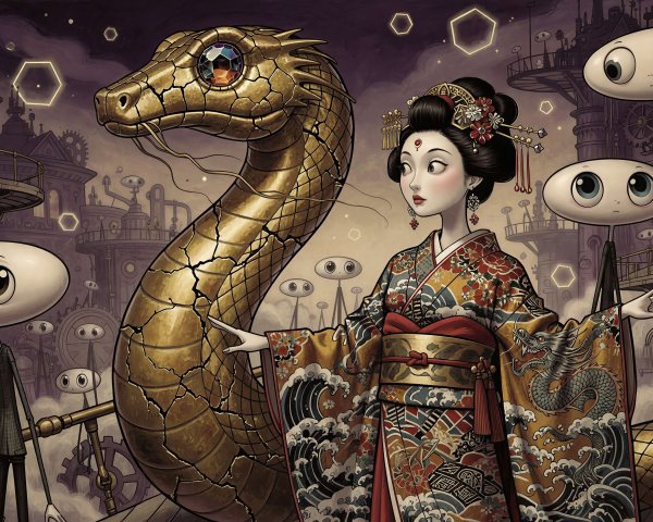 Geisha in Kimono with Robotic Dragon in Steampunk City