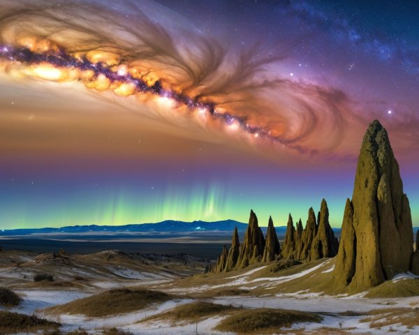 Dramatic Rock Formations Under Vibrant Auroras