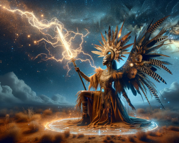 Majestic figure in feathered attire in desert at night