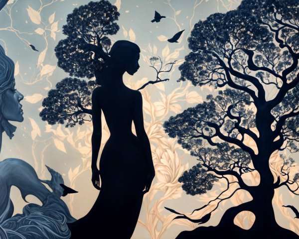 Mural Depicting Woman Silhouettes and Stylized Trees