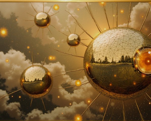 Celestial Scene with Golden Spheres and Dramatic Clouds