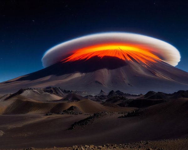 Erupting volcano with lava and starry night sky