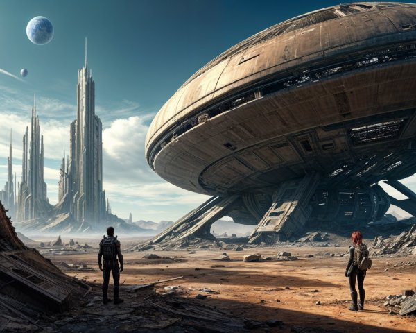 Desolate Landscape with Futuristic Spacecraft and Ruins