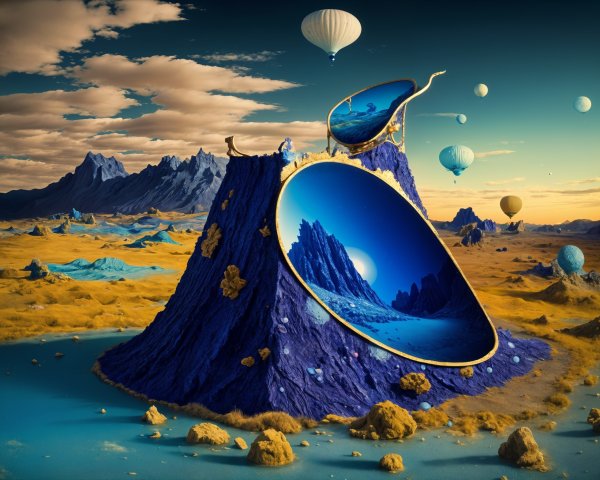 Surreal Landscape with Volcano and Reflective Portal