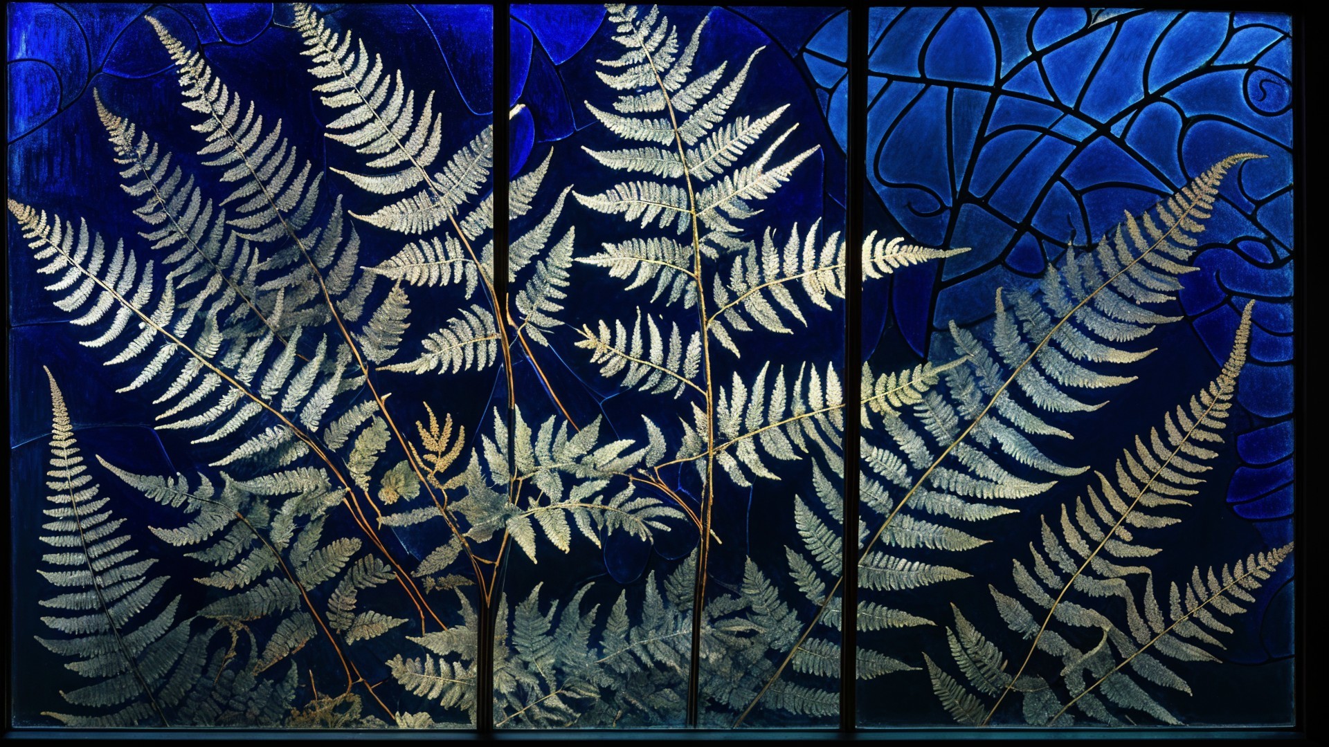 Stained Glass Art with Vibrant Blue and Ferns