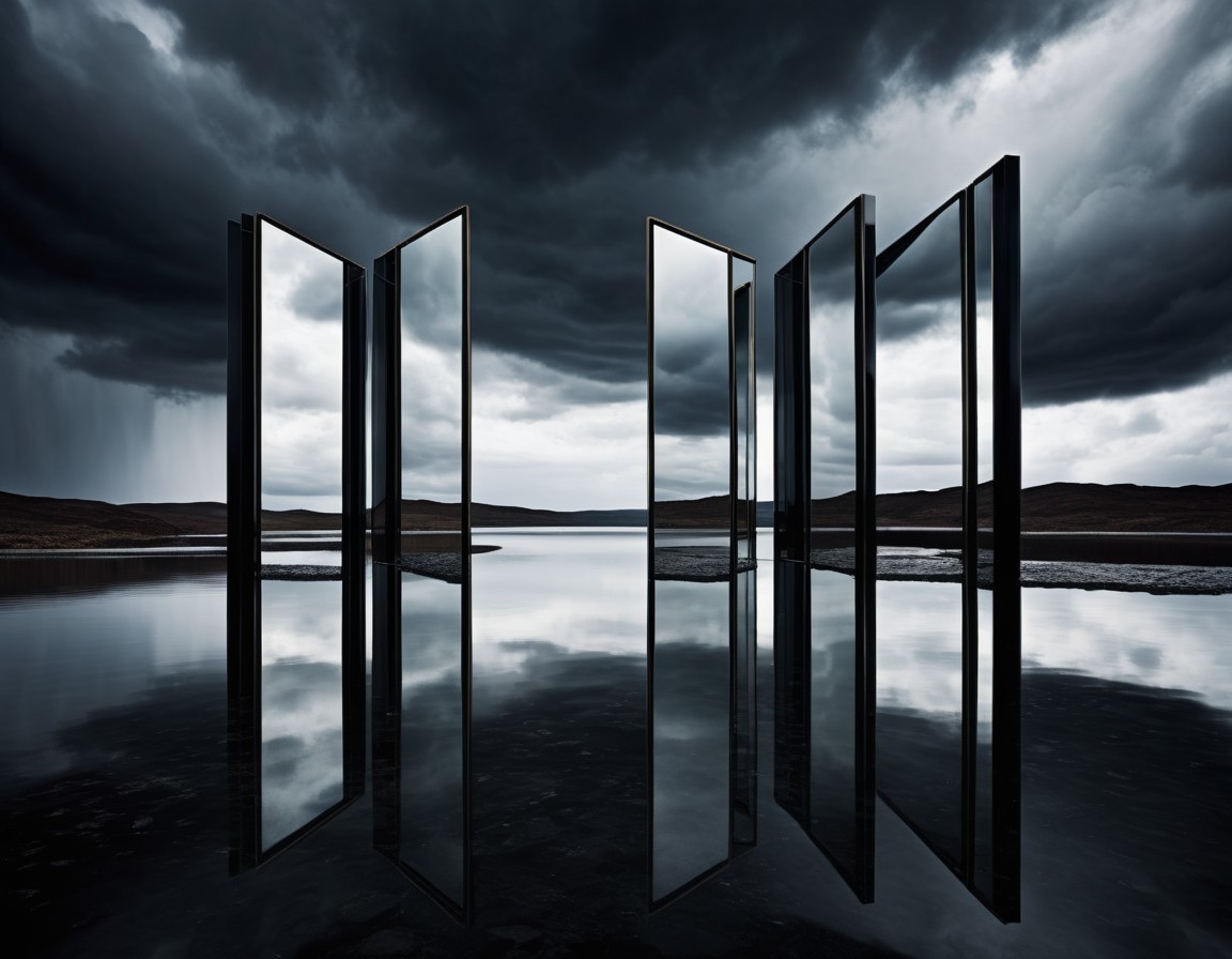Surreal Landscape with Reflective Mirrors and Lake
