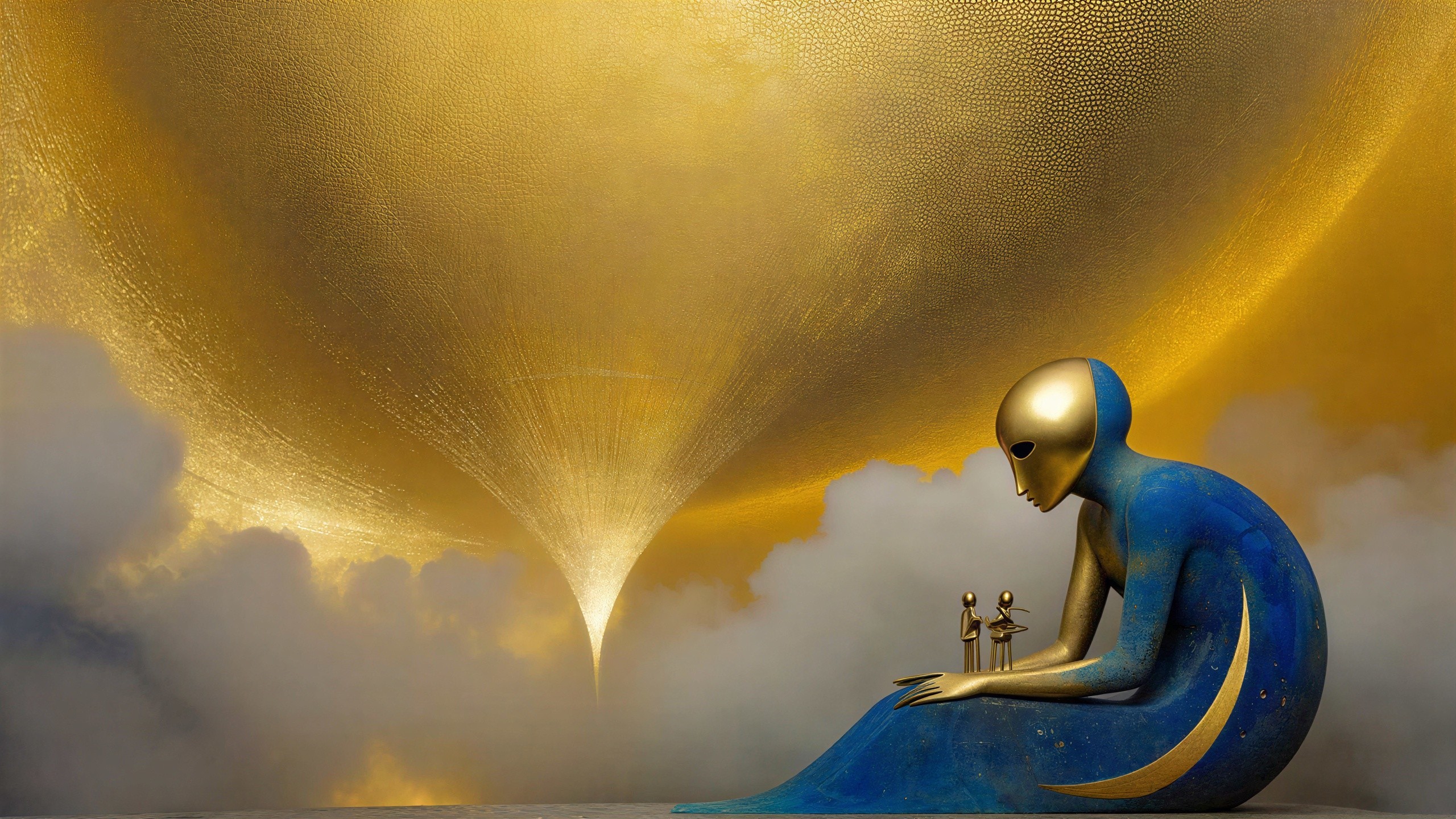 Hyperrealistic Render of Blue Figure with Gold Mask