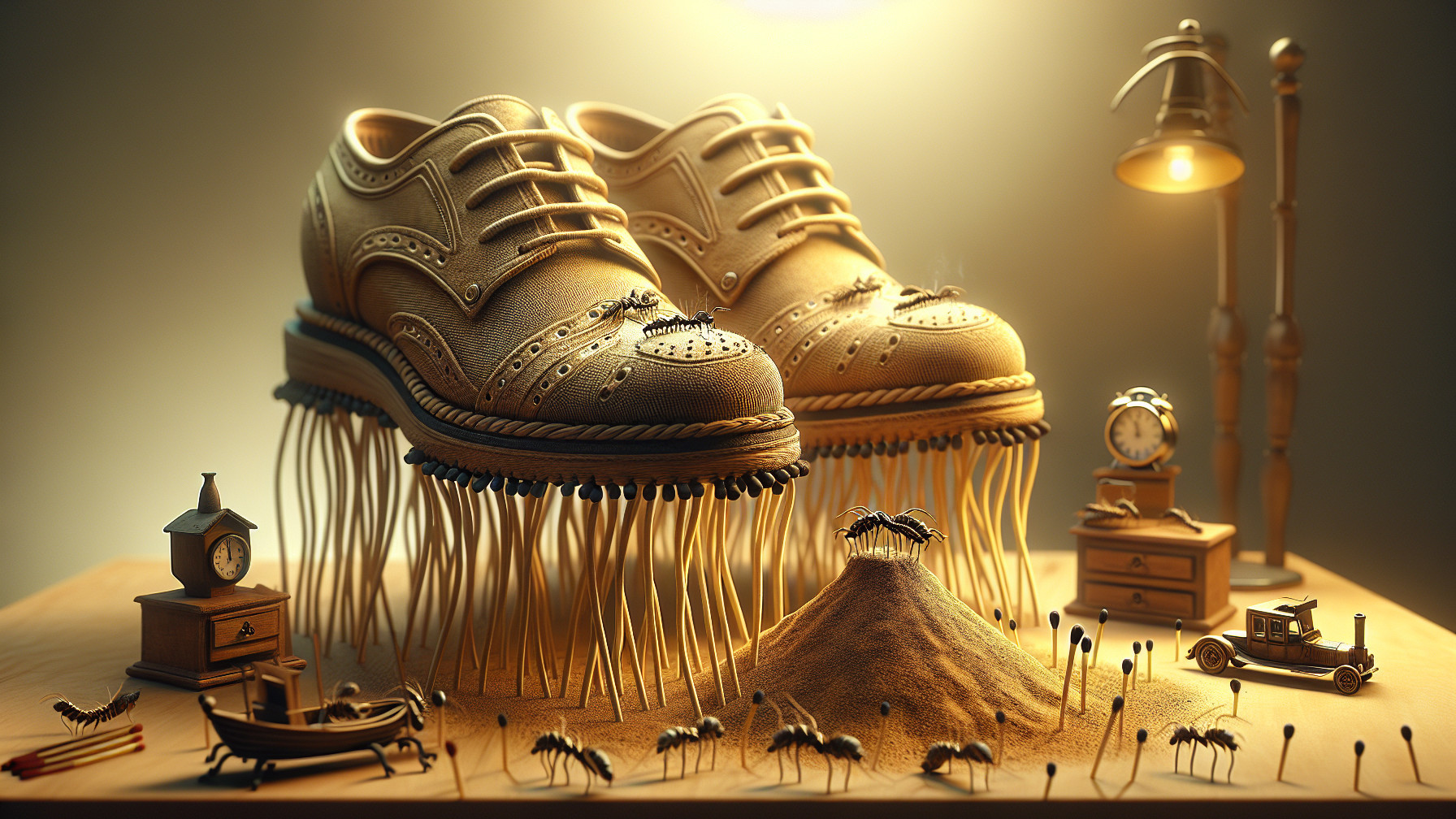 Oversized Wooden Shoes in a Whimsical Landscape