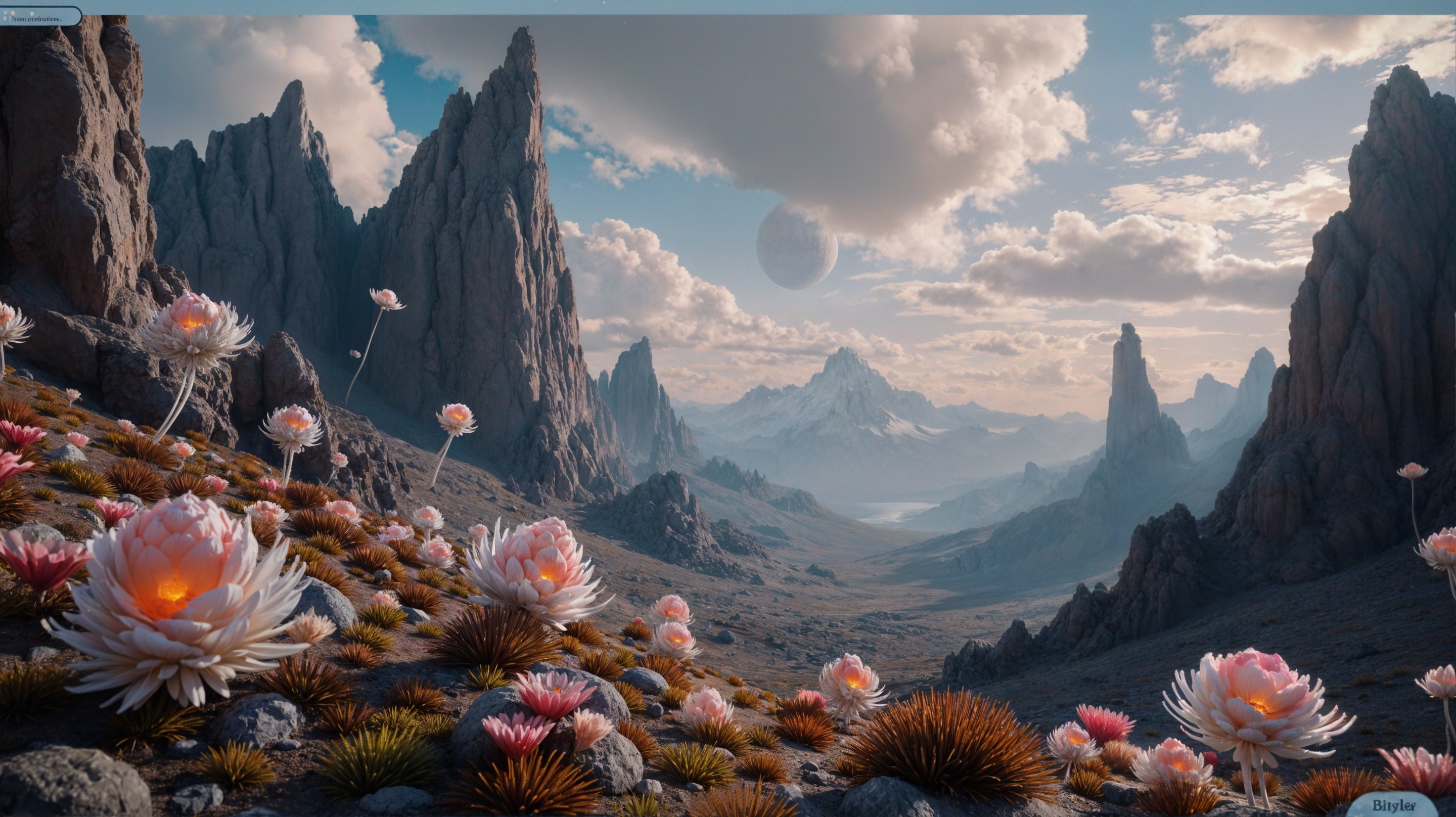 Alien Landscape with Rocky Mountains and Flowers