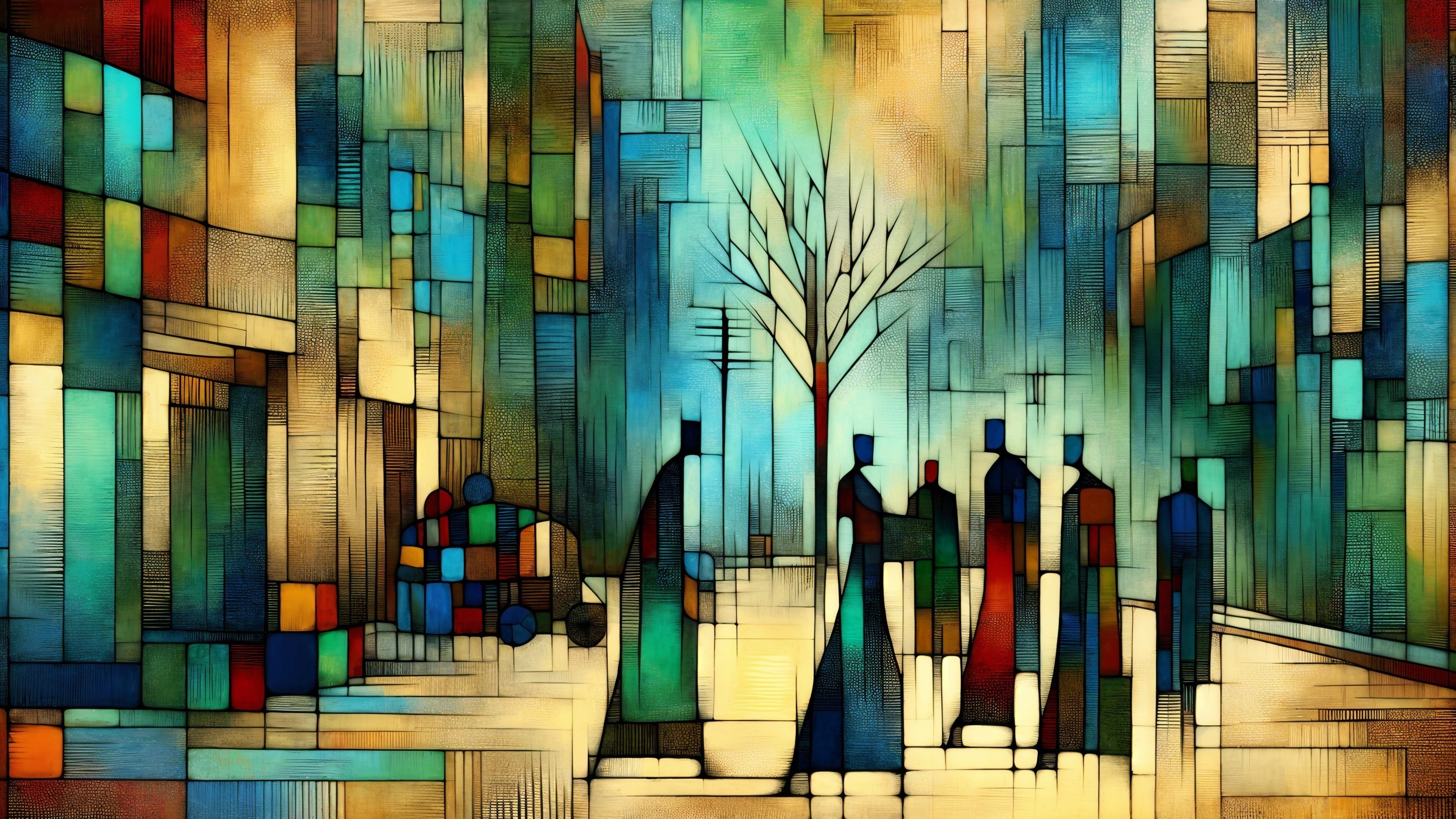 Vibrant Abstract Scene with Geometric Shapes and Figures