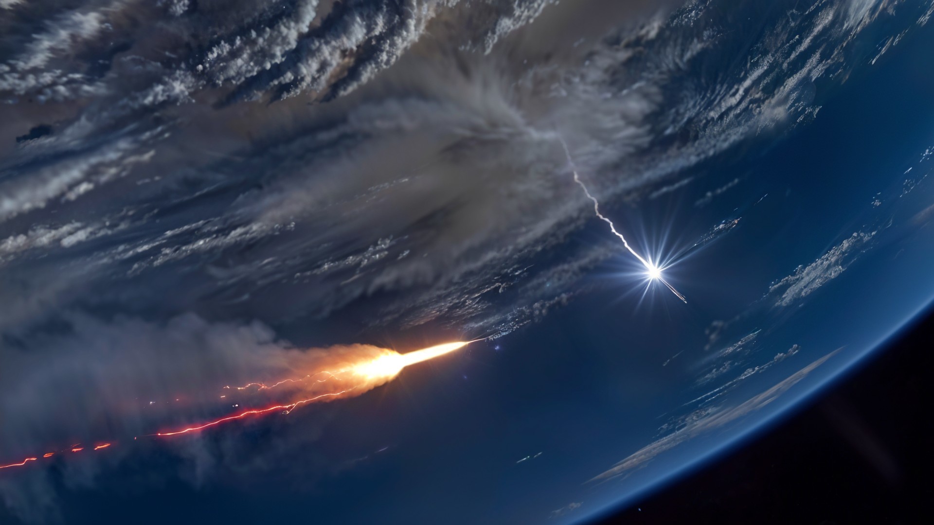 Rocket Launch with Flames and Lightning Above Clouds