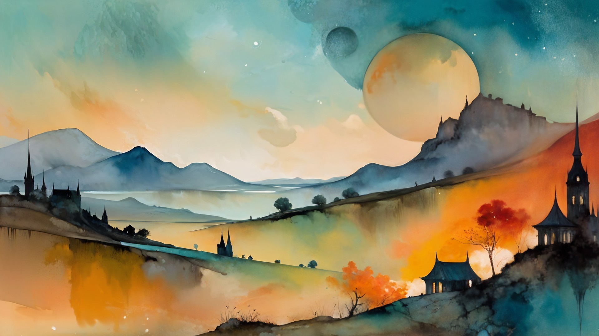 Tranquil Landscape with Rolling Hills and Distant Mountains