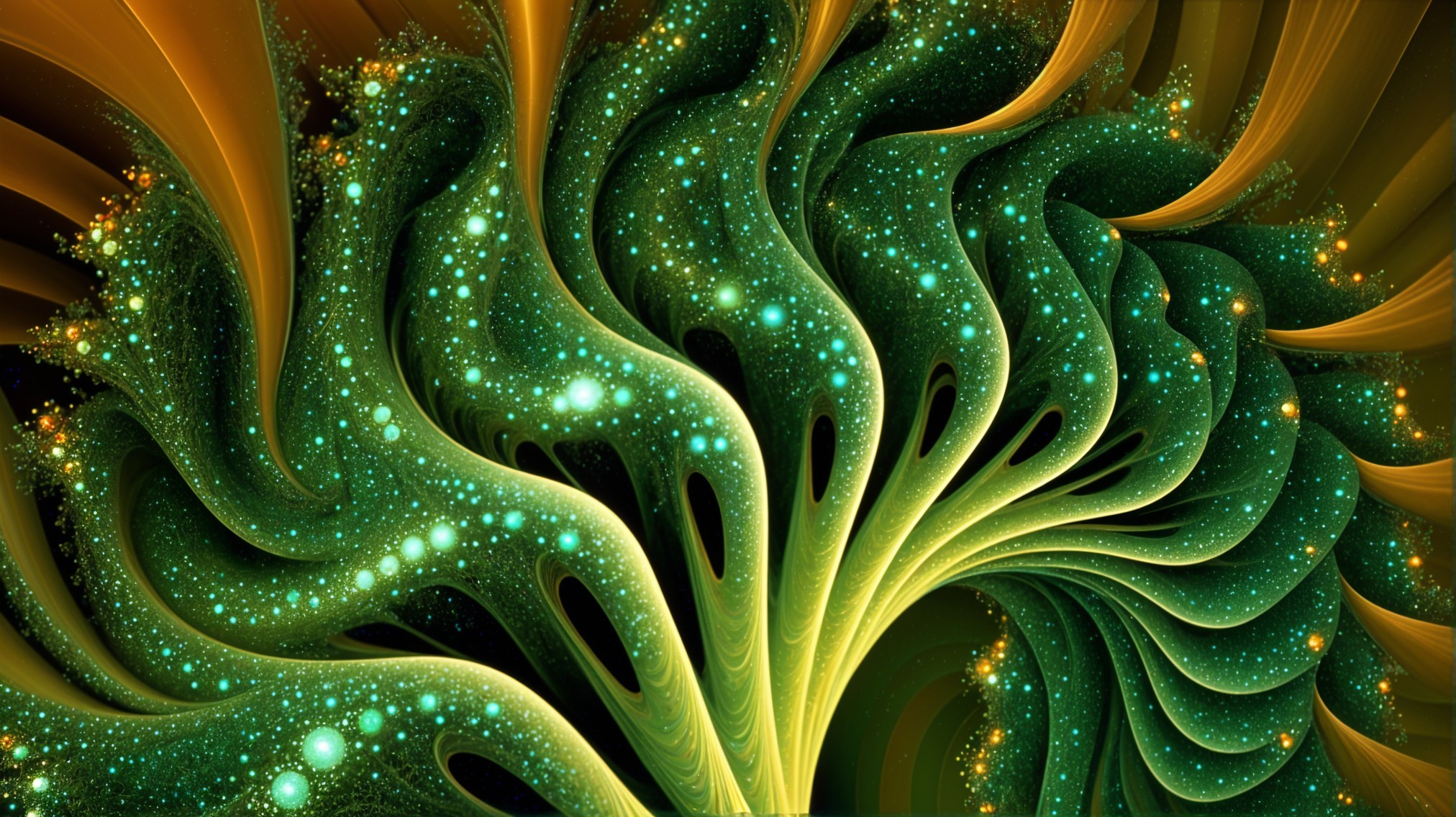 Abstract Composition of Swirling Green and Gold Patterns