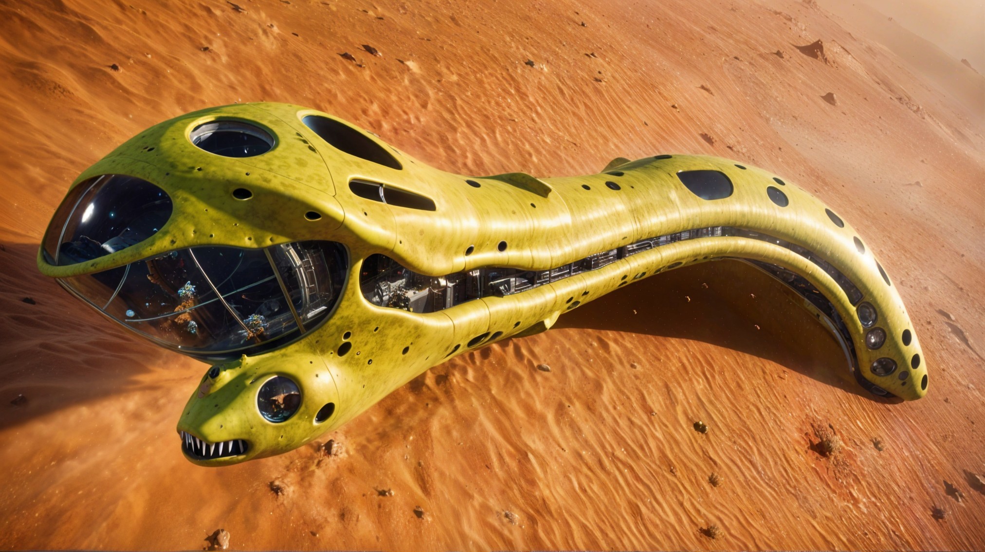 Futuristic spaceship on sandy extraterrestrial landscape