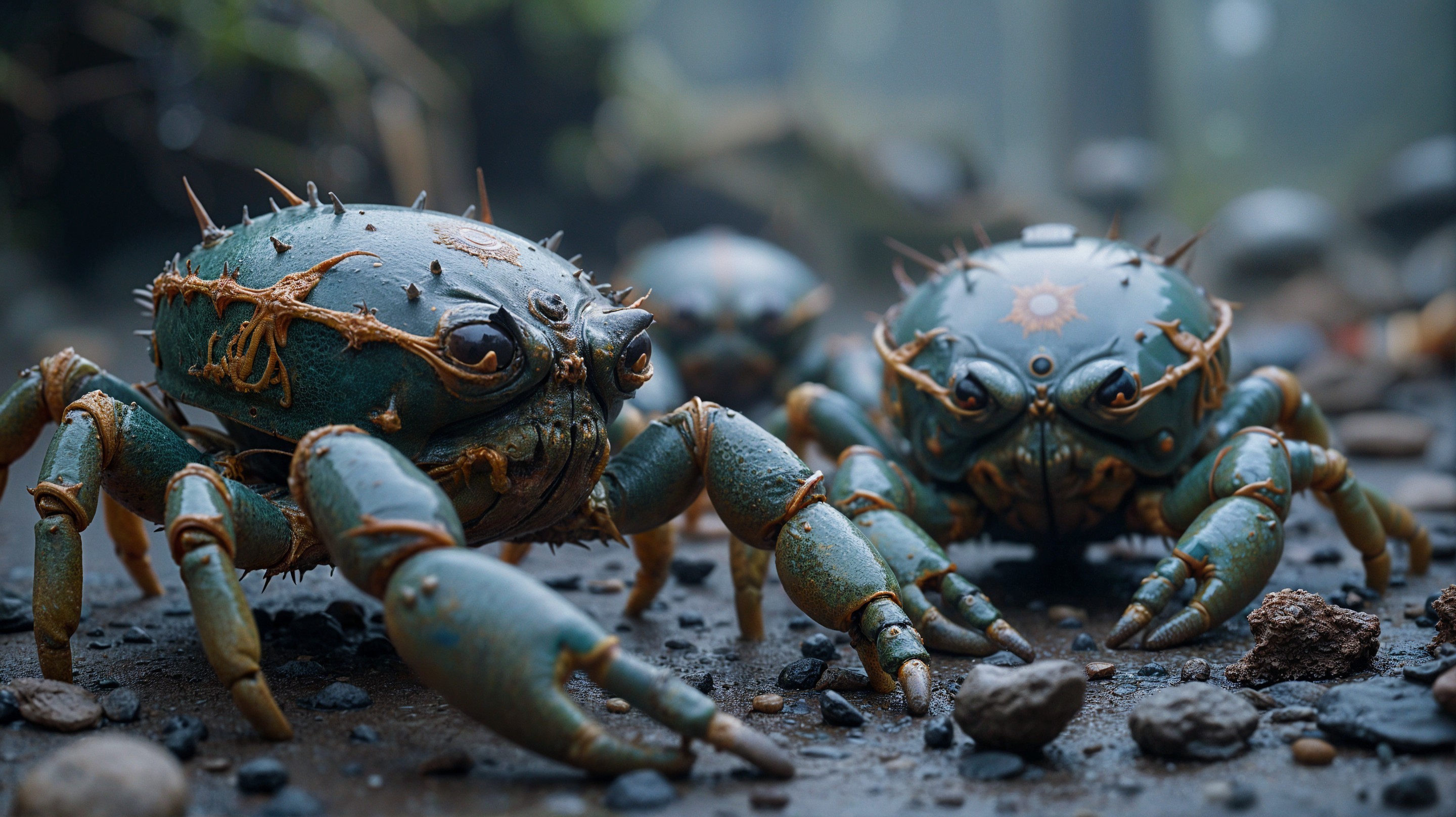 Intricately Designed Crabs with Blue Shells and Fog
