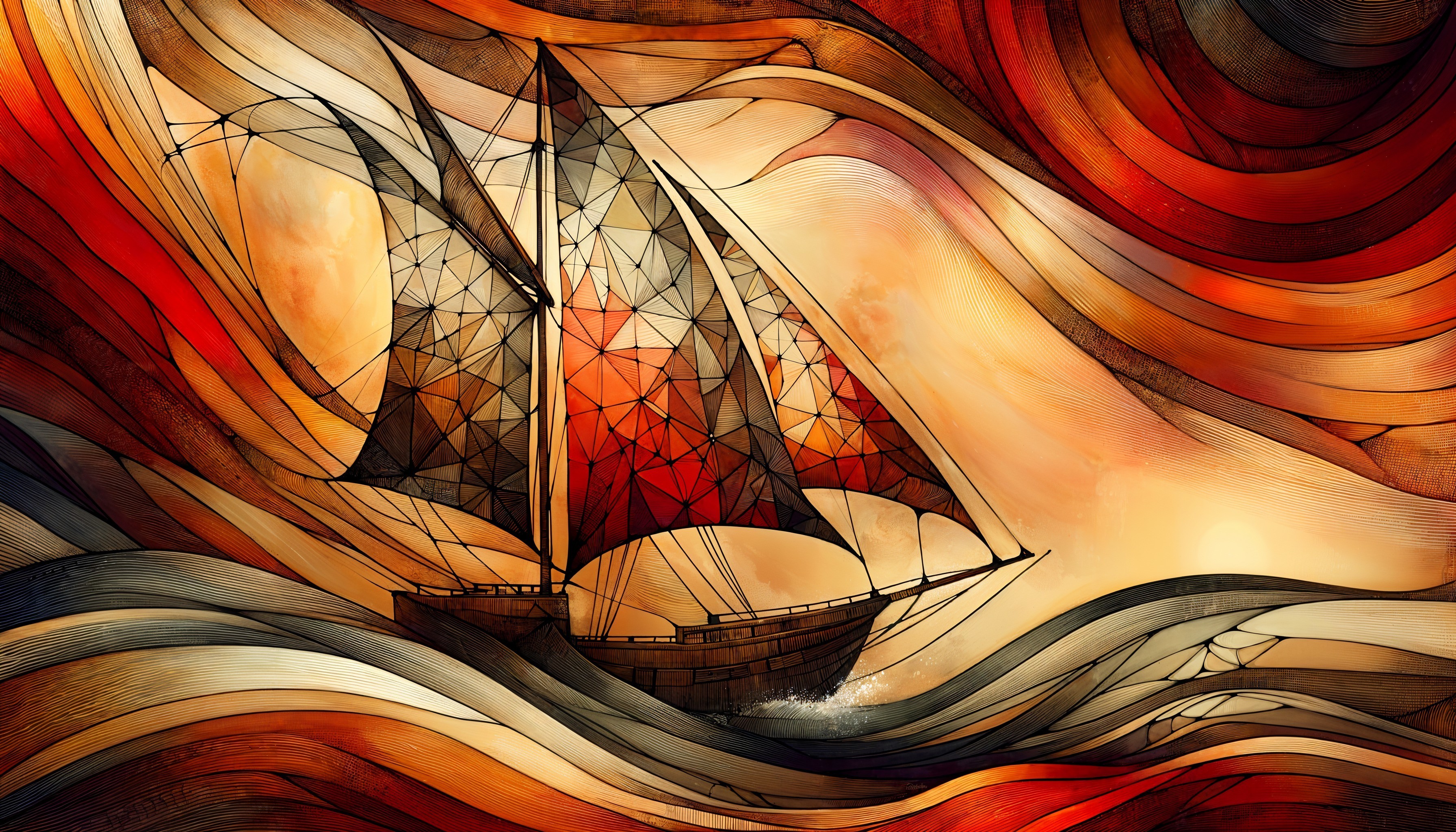 Intricate Ship Sailing Through Vibrant Swirling Waves