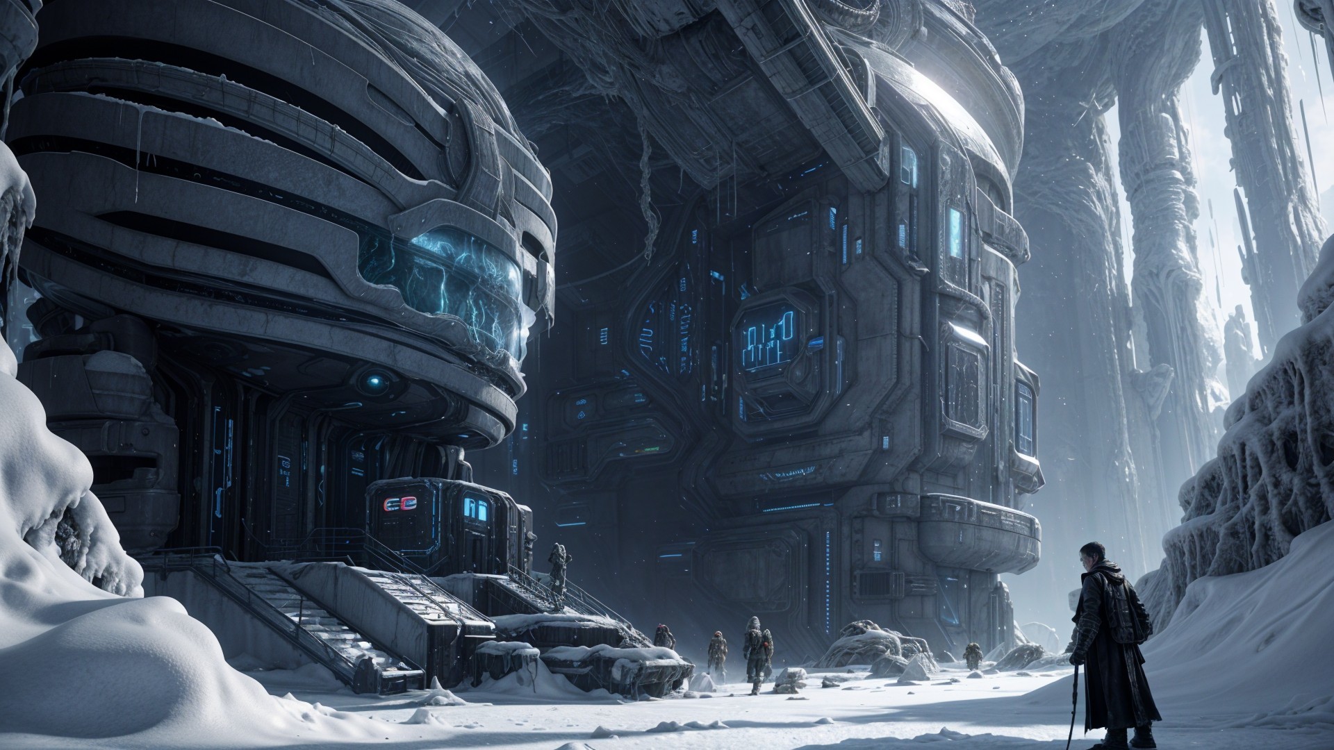 Futuristic Snow-Covered Landscape with Towering Structures
