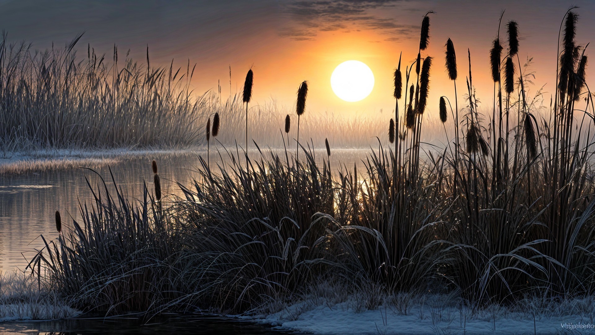 Sunrise Landscape with Cattails and Reflective Water
