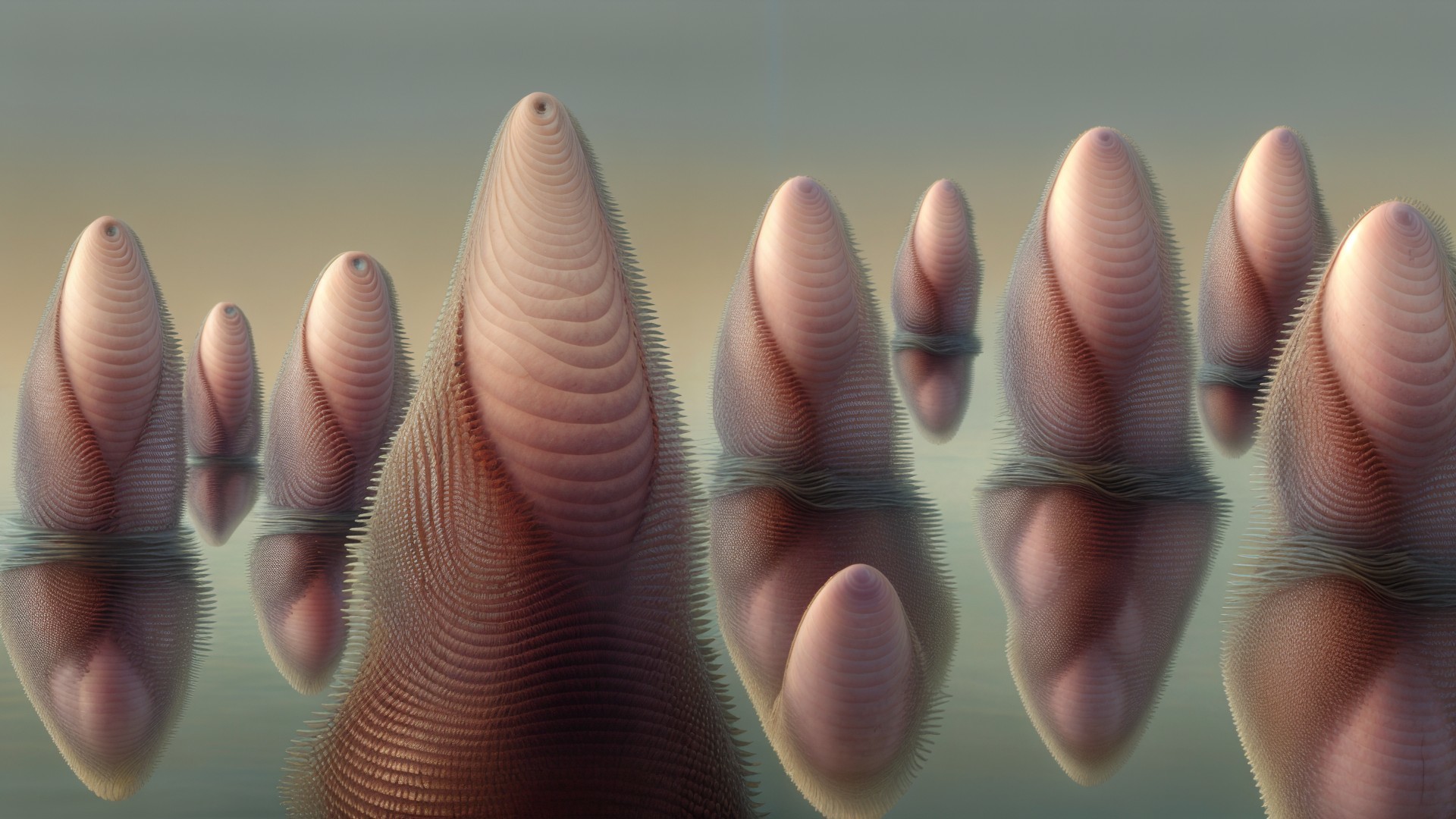 Surreal Landscape with Cone-Shaped Forms and Reflections