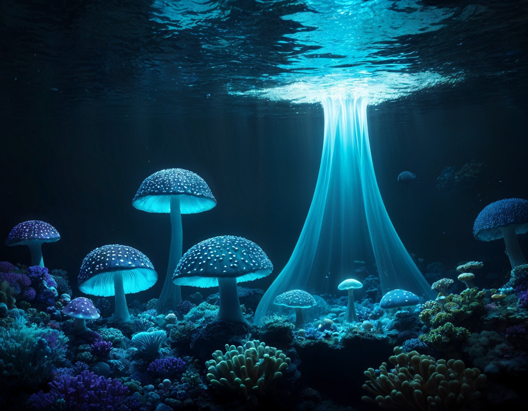 Underwater Scene with Luminescent Mushrooms and Coral