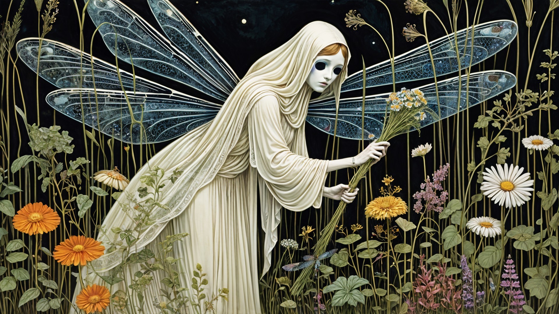 Mystical figure in white garment among vibrant garden