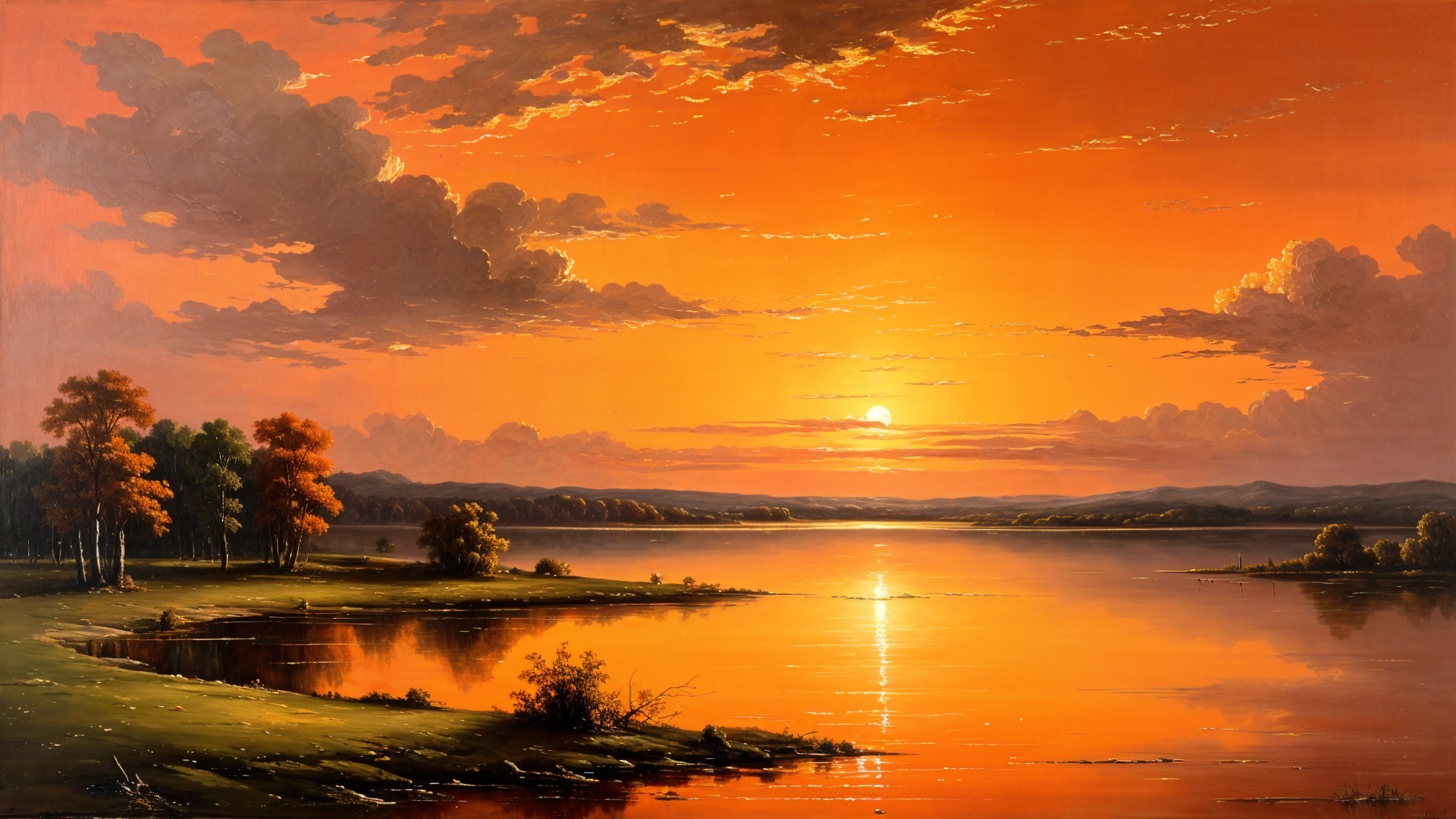Vibrant Oil Painting of Sunset Over a Serene Lake