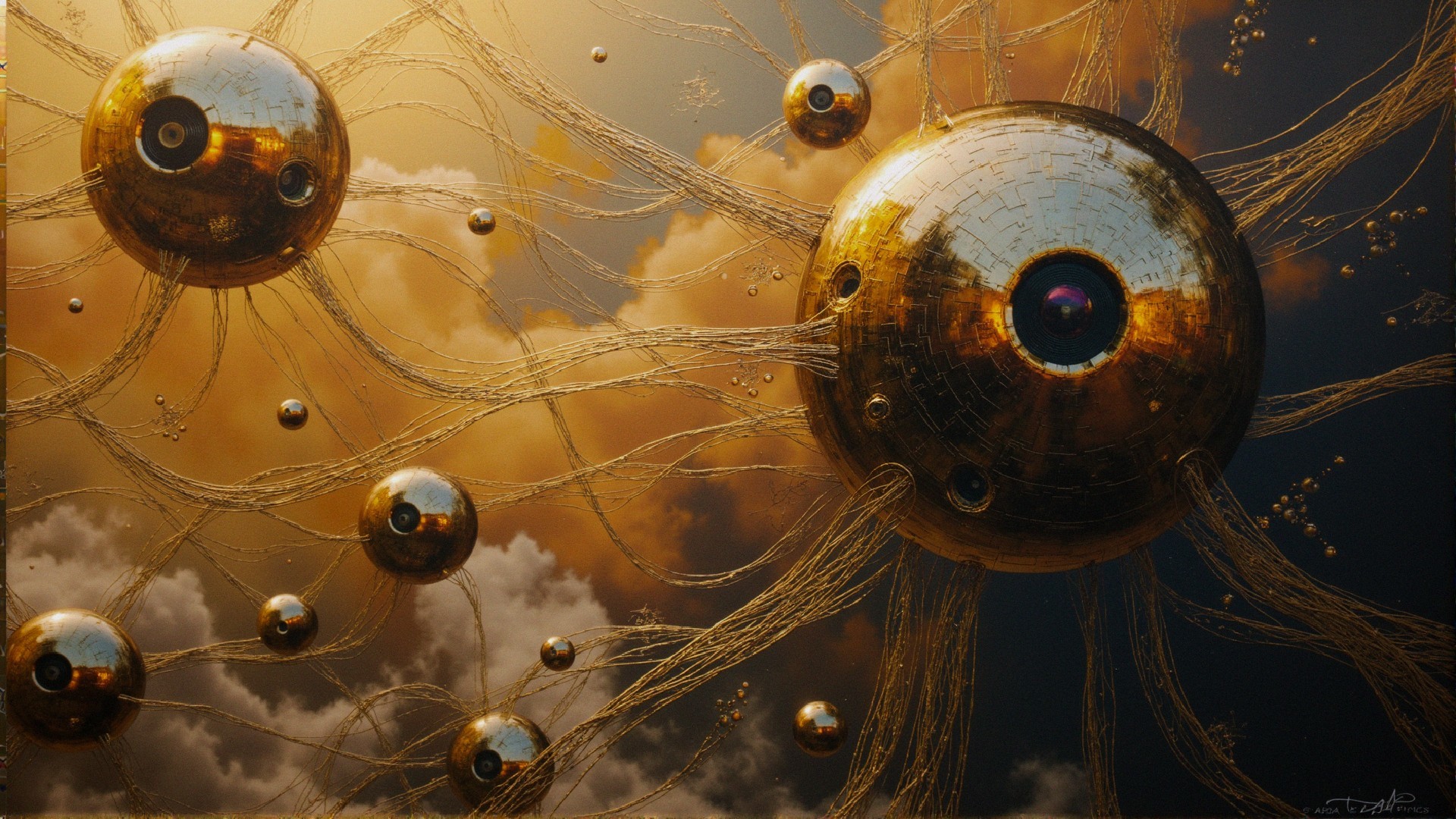 Surreal Futuristic Scene with Golden Orbs and Tendrils