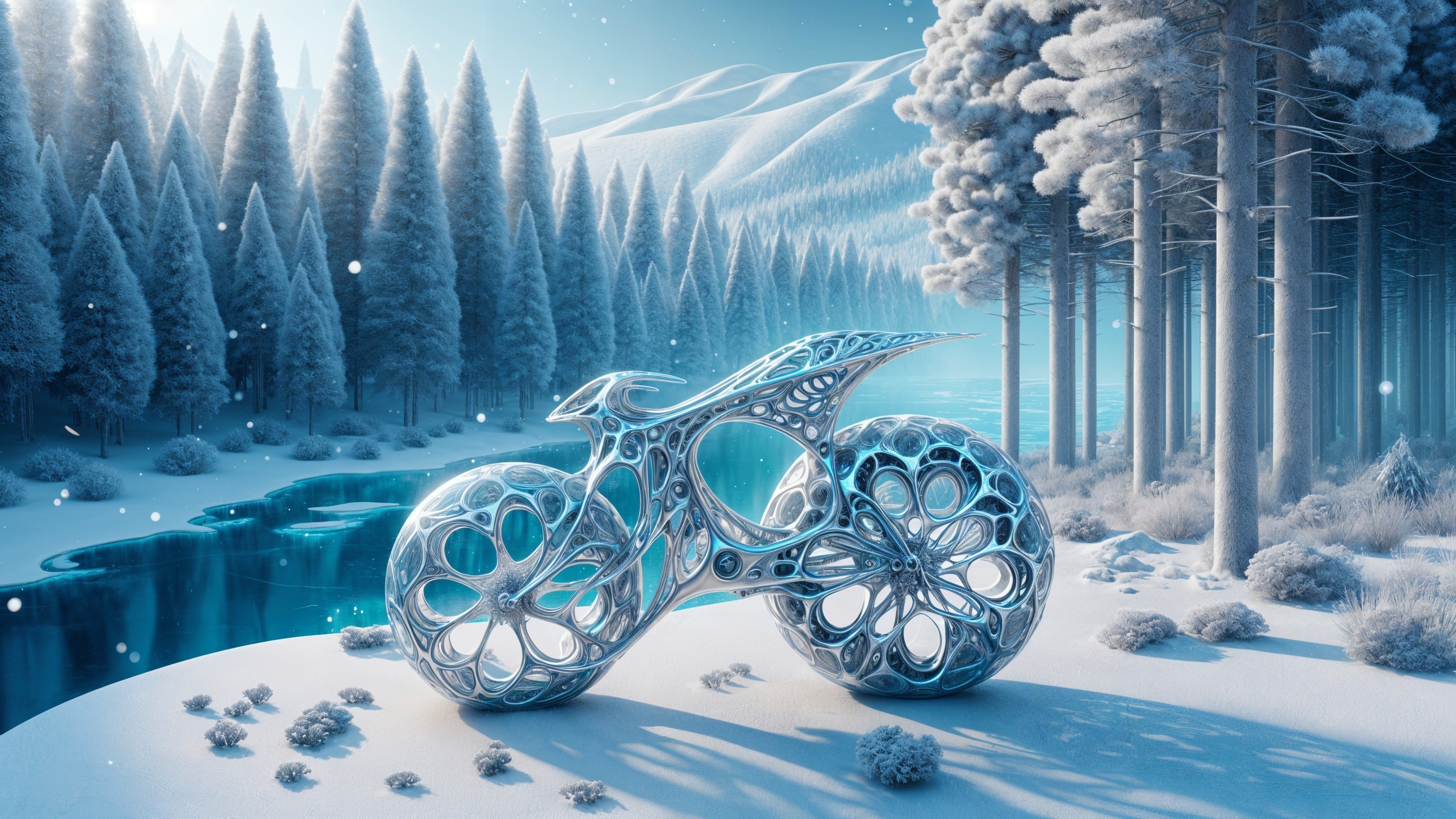 Futuristic Bicycle in Serene Winter Landscape