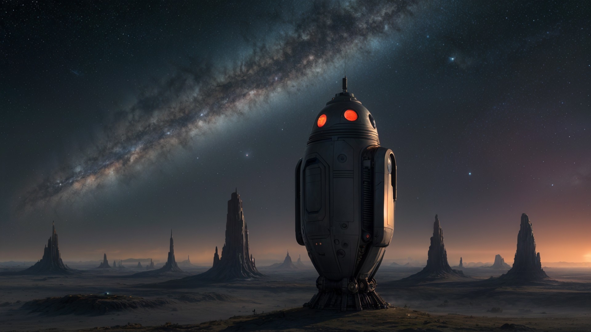 Twilight Alien Landscape with Futuristic Robot and Stars