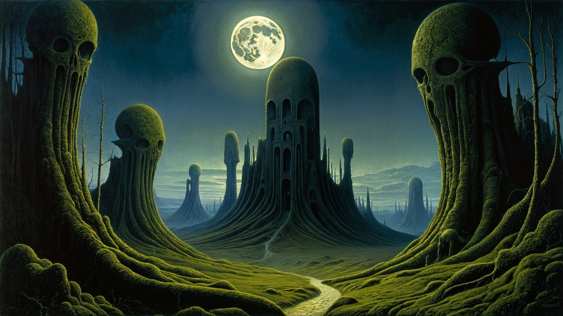 Surreal Landscape with Skull-like Structures at Twilight