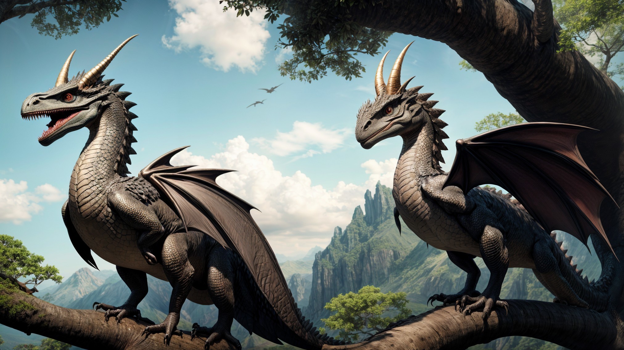 Dragons on Tree Branch with Scenic Mountain Background