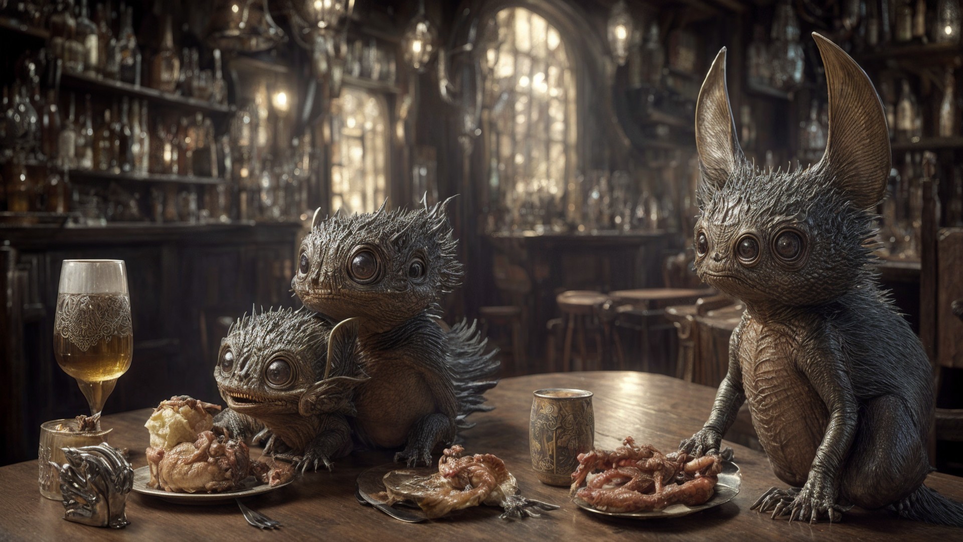 Cozy Tavern Scene with Whimsical Creatures Dining