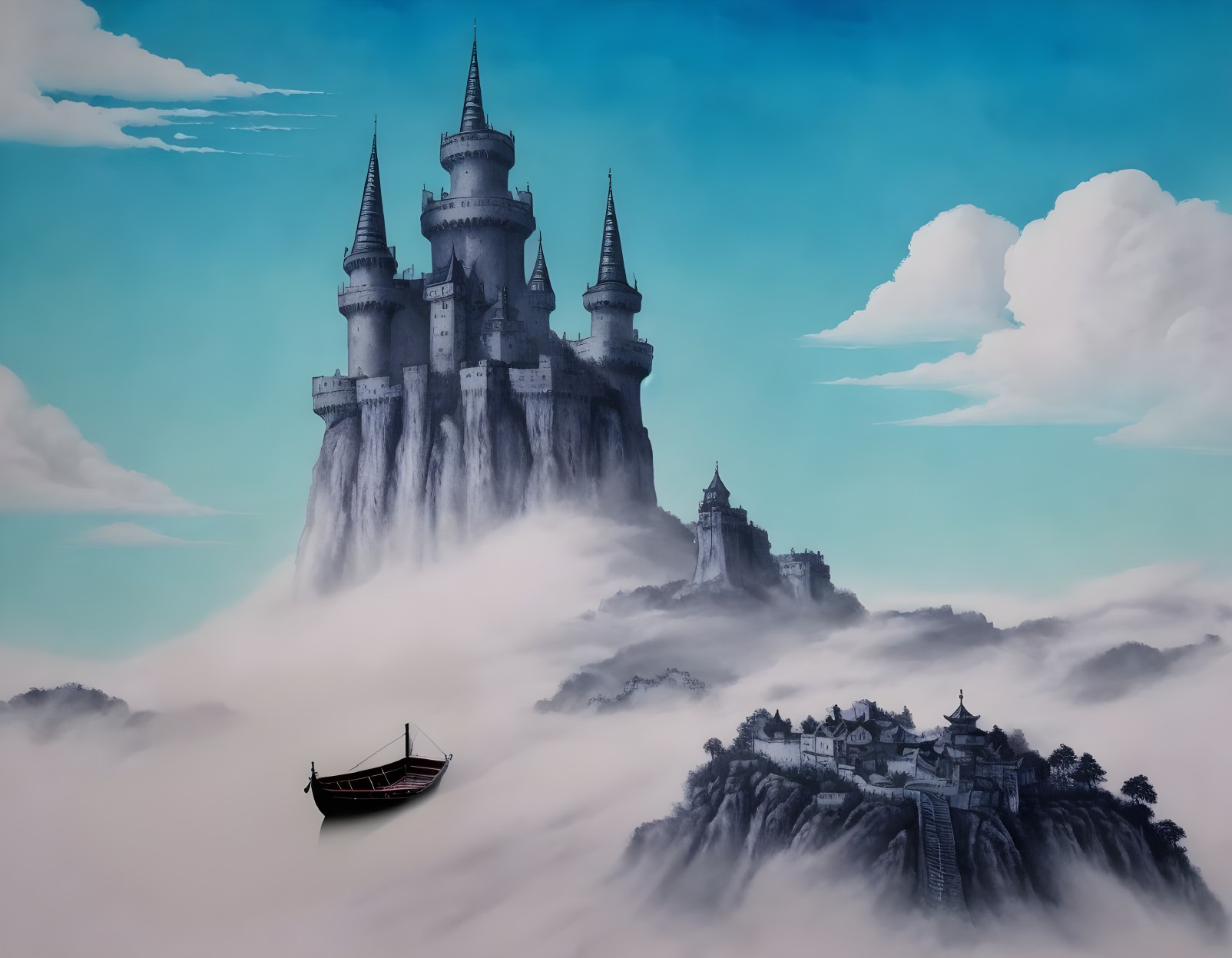 Majestic castle on a mountain with mist and village