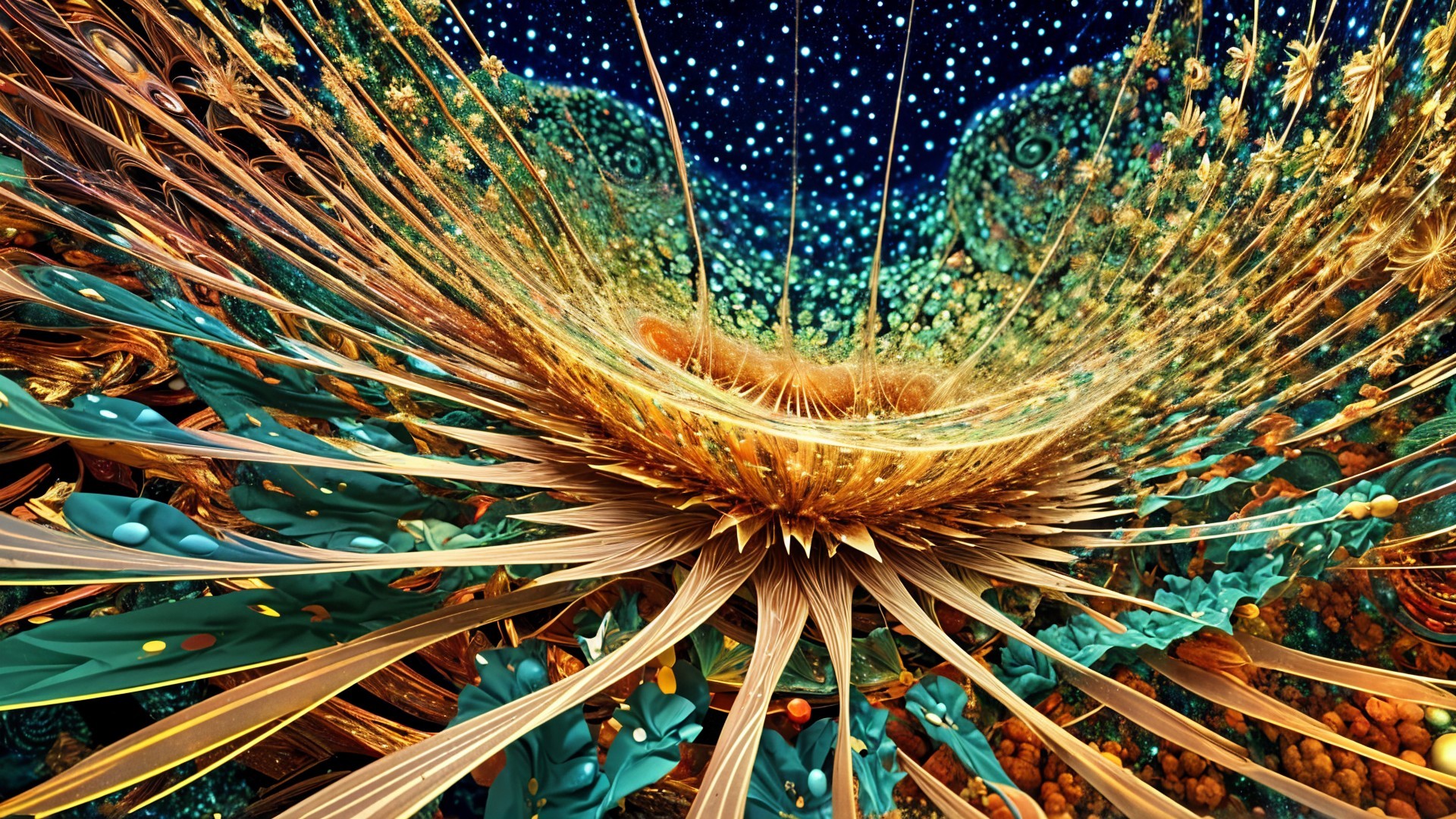 Abstract Scene with Golden Structures and Starry Background