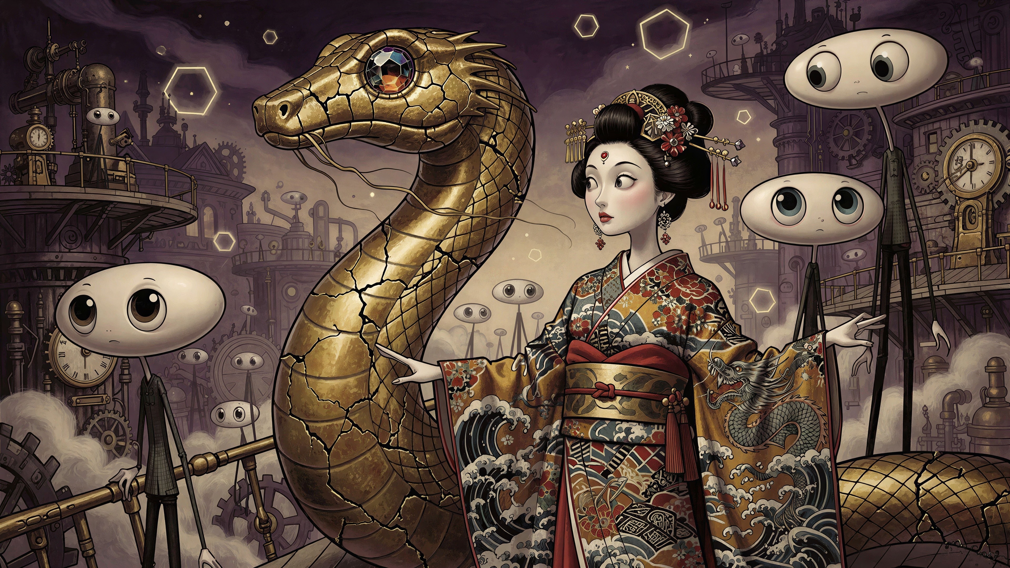 Geisha in Kimono with Robotic Dragon in Steampunk City