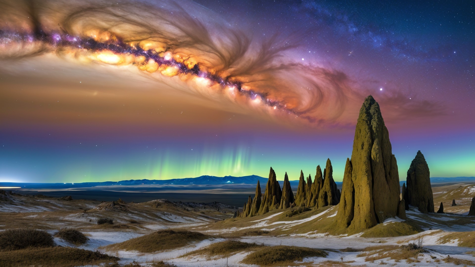 Dramatic Rock Formations Under Vibrant Auroras