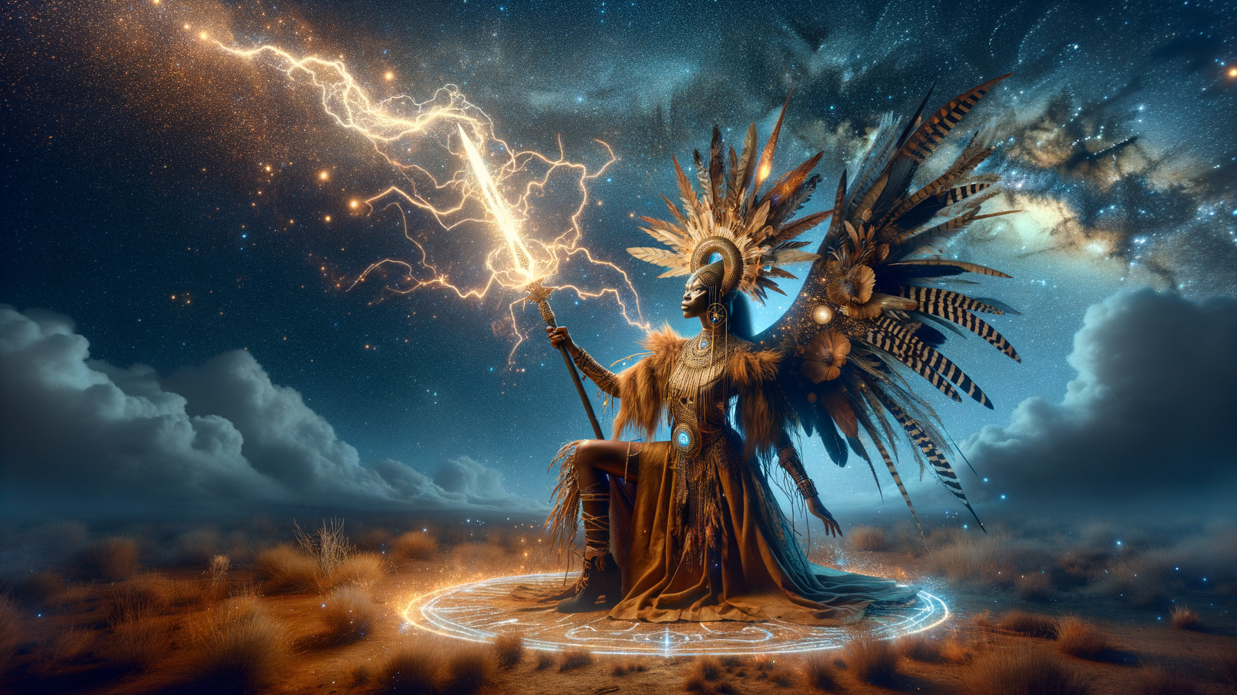 Majestic figure in feathered attire in desert at night