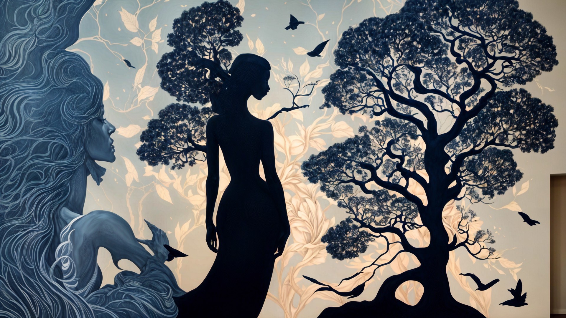 Mural Depicting Woman Silhouettes and Stylized Trees