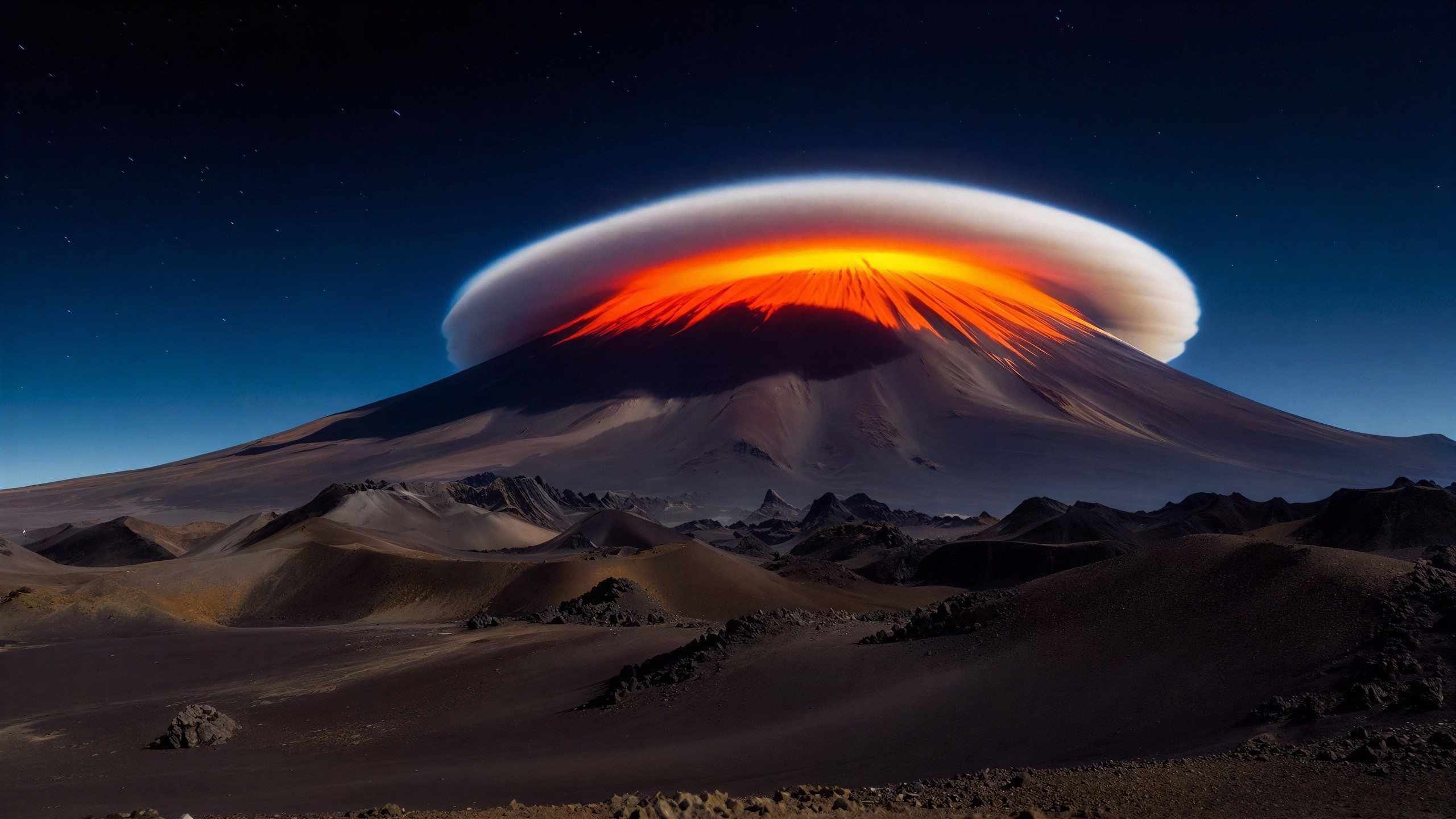 Erupting volcano with lava and starry night sky