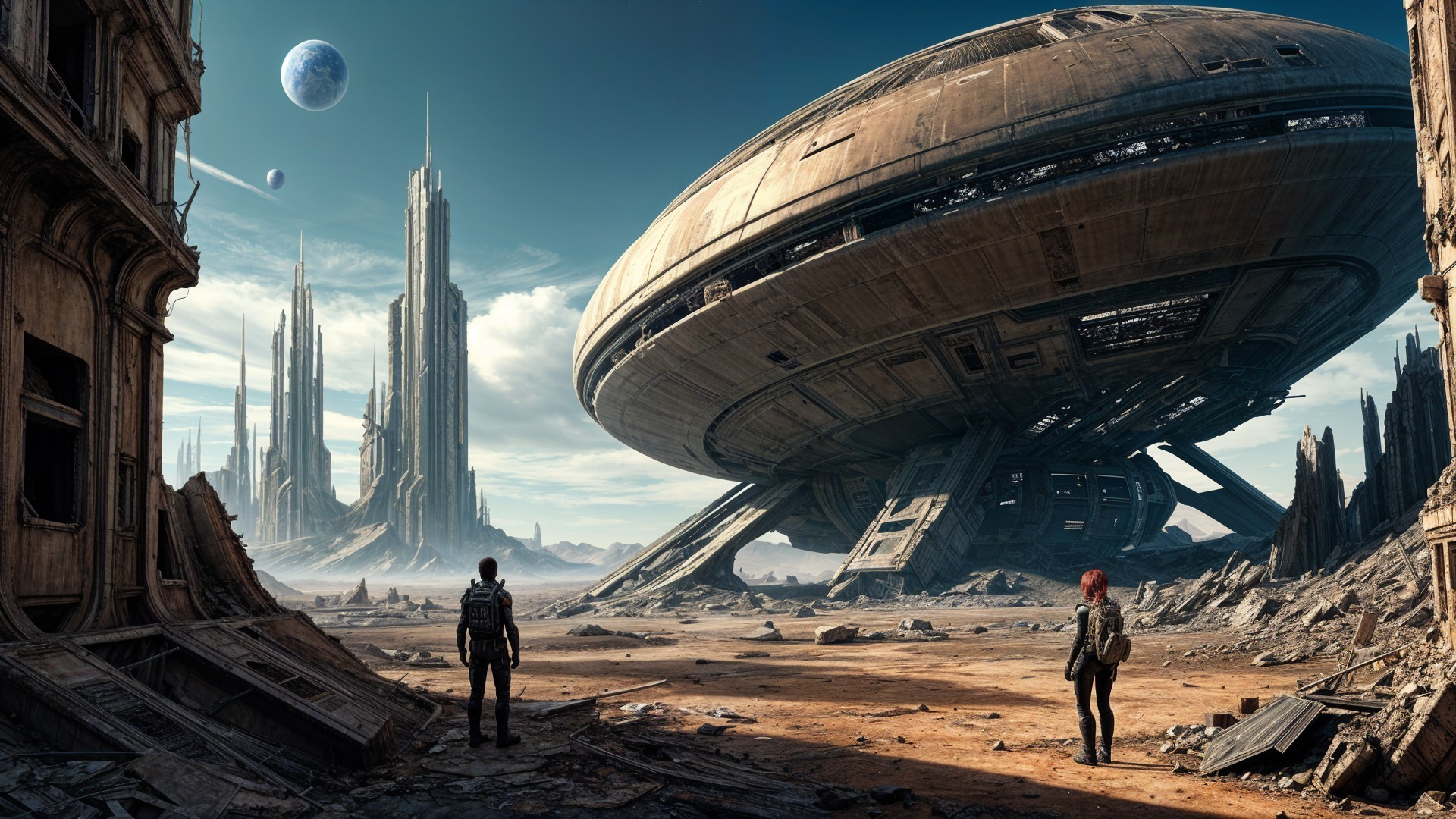 Desolate Landscape with Futuristic Spacecraft and Ruins